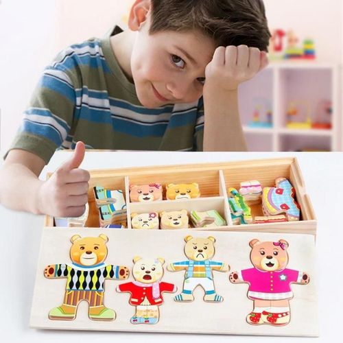 Puzzle En Bois Montessori Petit Ours, Changement De Vêtements, Jouets Pour Enfants, Éducation Précoce, Cadeau Pour Bébé-Gris Clair