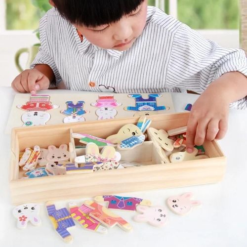 Puzzle En Bois Montessori Petit Ours, Changement De Vêtements, Jouets Pour Enfants, Éducation Précoce, Cadeau Pour Bébé-Vert Clair