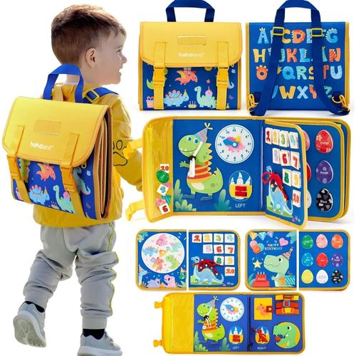 Sac À Dos Busy Board Pour Tout-Petits, Jouets Montessori, Apprentissage, Activités, Jouet De Voyage, Habillage De Dinosaure, Compétences De Vie Mentaires Orielles-Blue