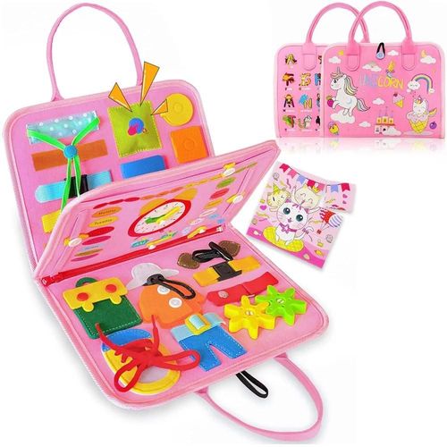Sac À Dos Busy Board Pour Tout-Petits, Jouets Montessori, Apprentissage, Activités, Jouet De Voyage, Habillage De Dinosaure, Compétences De Vie Mentaires Orielles-Pink-B