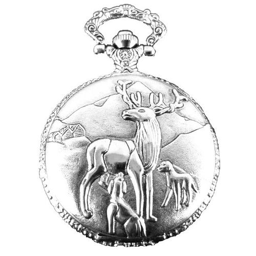 Montre Gousset Clapet Motif Cerf Et Chiens De Chasse Métal Coloris Argent