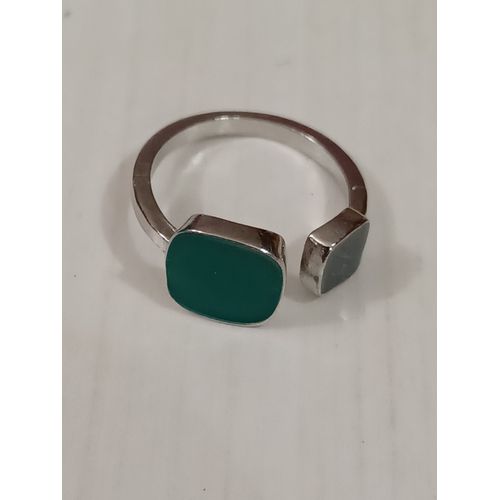 Bague Métal Argenté,Carrés Inox Gris Et Vert ,Reglable