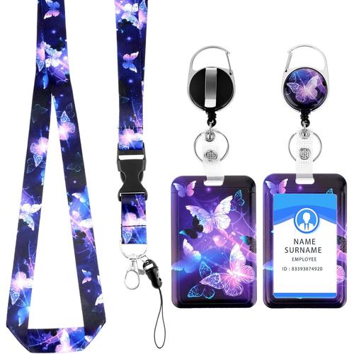 Porte-Badge Avec Cordon Rétractable, Porte-Carte En Plastique Motif Papillon, Cordon De Protection Tendance Avec Lanière Amovible Pour Infirmière, Médecin, Enseignant (Violet)