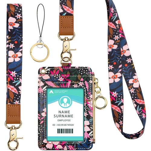 Porte Badge Tour De Cou, Porte Badge En Cuir Pu Avec Poche Zippée Pour Carte D'identité, Carte D'étudiants, Carte Bus(Pink Flower)