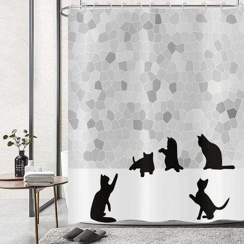 Rideau De Douche Chat Drôle 180x200, Abstrait Chat Noir Silhouette Rideau De Douche Gris Mosaïque Rideau De Baignoire Etanche Tissu Polyester Lavable Rideau De Bain Avec Crochets