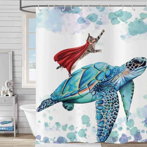 Rideau De Douche Drôle 180x200, Chat Rideau De Douche Turquoise Tortue De Mer Océan Sous-Marin Rideau De Baignoire Enfants Imperméable Tissu Polyester Lavable Rideau De Bain Avec Crochet