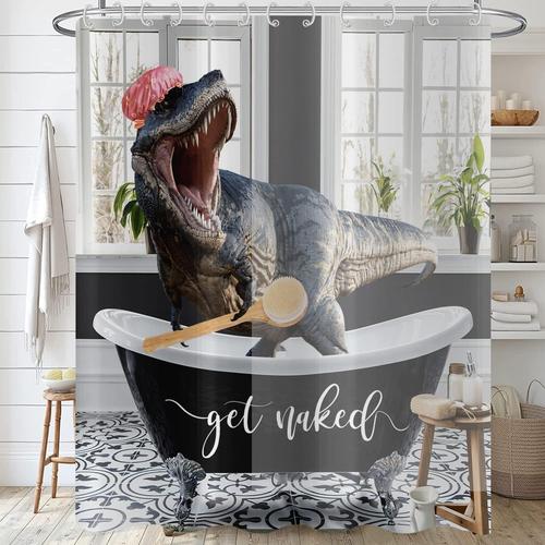 Rideau De Douche Drôle De Dinosaure 180x200, Rideau De Douche Nu Mignon Baigneur Dino Raptor Enfants Créatif Rideau De Bain Moderne Imperméable Polyester Tissu Lavable Rideau De Bain