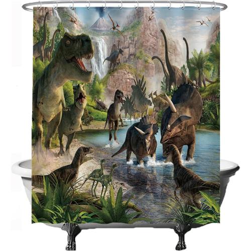 Rideau De Douche - Dinosaure Groupe Dino T-Rex - 180 X 200 Cm - Lavable -Anti Moisissure - Imperméable - Avec 12 Anneaux - Vert Brun