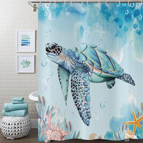 Rideau De Douche Tortue De Mer 180x200, Turquoise Océan Rideaux De Douche Sous-Marins Algues Étoiles Coquillages Animaux Marins Rideau De Bain Nautique Étanche Polyester Tissu Rideau De Bain