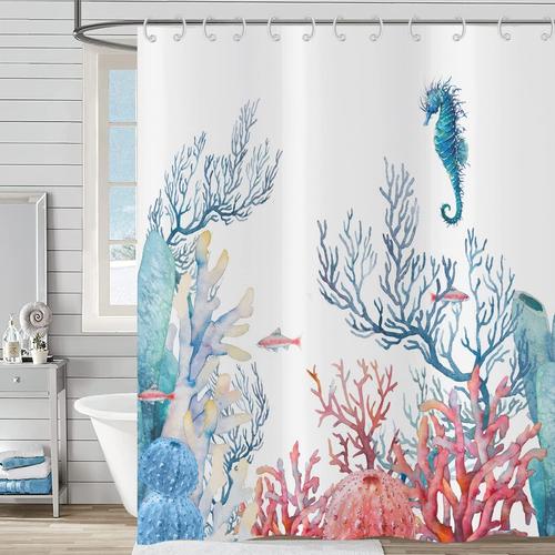 Rideau De Douche Côtes Nautiques 180x200, Hippocampe Océan Rideau De Douche Thématique Corail Poissons Tropicaux Plage Rideau De Baignoire Imperméable Polyester Tissu Lavable Rideau De Bain