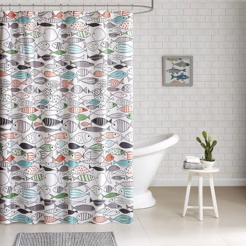 Sardaigne ¿ Poisson Multicolore Moderne ¿ Coton Imprimé ¿ Rideau De Douche ¿ 182,9 X 182,9 Cm ¿ Lavable En Machine