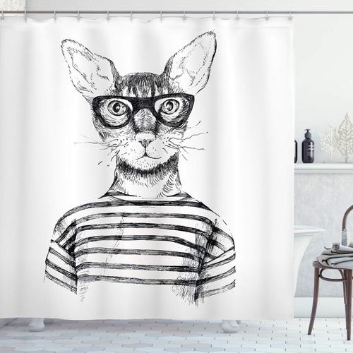 Chat Rideau De Douche, Hipster New Age Cat, Tissu Ensemble De Décor De Salle De Bain Avec Crochets, 175 Cm X 200 Cm, Noir Blanc