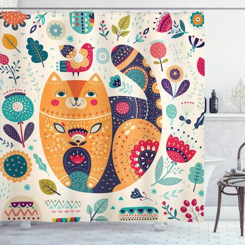 Motif Cachemire Rideau De Douche, Chat Et Fleur Feuille, Tissu Ensemble De Décor De Salle De Bain Avec Crochets, 175 Cm X 200 Cm, Multicolore