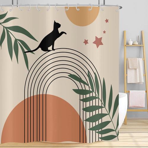 Rideau De Douche Boho 180x200, Mid Century Abstract Noir Chat Vert Feuille Arc Soleil Lune Beige Rideau De Baignoire Moderne Minimaliste Géométrique Esthétique Art Rideau De Bain Avec Crochets