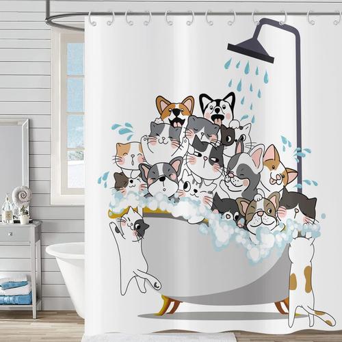 Rideau De Douche Drôle 180x180, Animal De Bande Dessinée Chat Et Chien Enfants Rideau De Douche Coloré Adorable Hilarant Animaux De Bain Rideau Imperméable Polyester Tissu Rideau De Bain