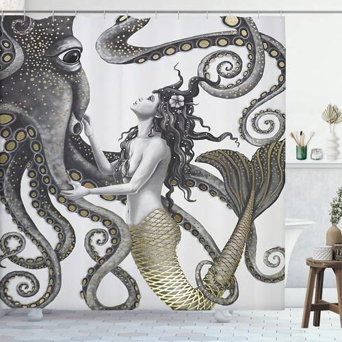 Rideau De Douche Motif Sirène Et Pieuvre - Abstrait Océan Nautique Fantaisie Animaux Décoratifs Salle Bain Tissu Imperméable Polyester Artistique Boho Ferme Mystique 180x180cm