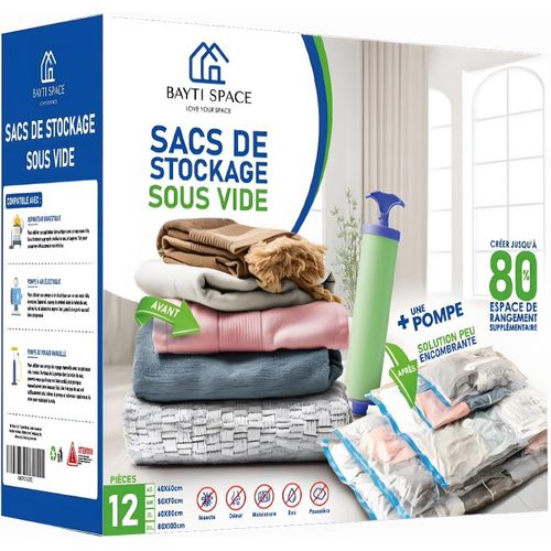 Sac rangement sous vide lot de 12 sac sous vide aspirateur avec sa pompe manuelle pour sac sous vide vetement(Q909)