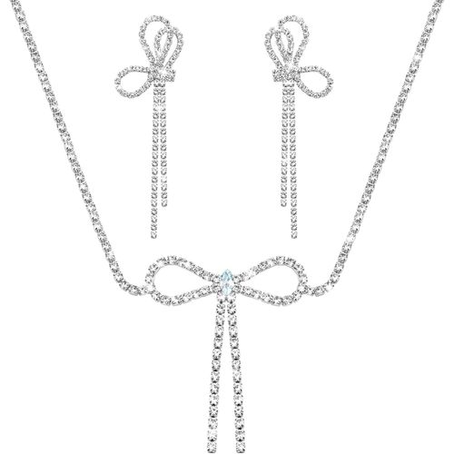 Bijoux Parure Femme Argent 925 Ensemble Collier Et Clous Strass Boucles D'oreilles Collier Avec Pendentif En Forme De Noeud Cadeau De Noël Pour Fille.[G1578]