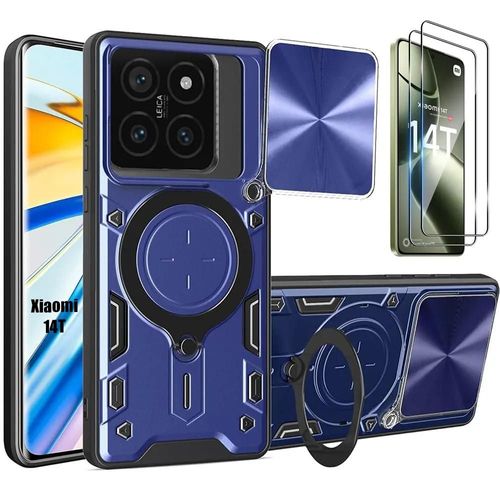 Coque + 2 Verres Trempés Pour Xiaomi 14t, Coque Avec Anneau Support Cache Caméra - Bleu Marine - E.F.Connection