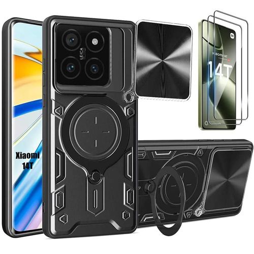 2 Verres Trempés + Coque Pour Xiaomi 14t, Noir Anti-Rayure Renforcée Cache Caméra Support - E.F.Connection