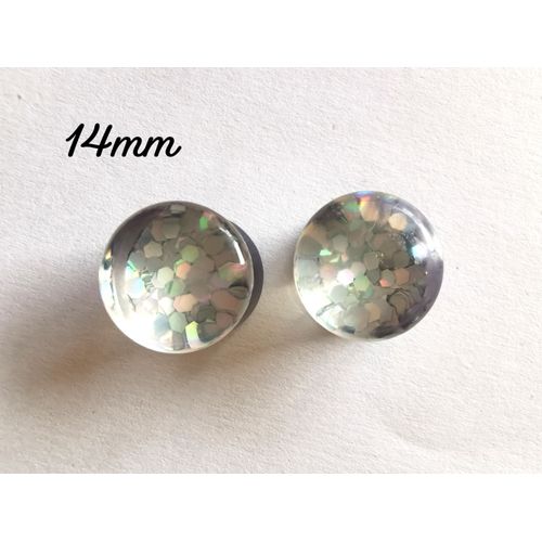 Paire Écarteur Plug Oreille 14mm Acrylique Transparent À Paillette Double Flared