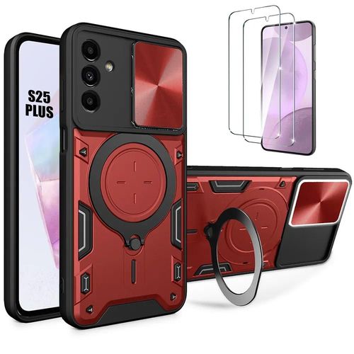 Coque + 2 Verres Trempés Pour Samsung Galaxy S25 Plus (Galaxy S25+) Avec Support Métal - Rouge - E.F.Connection