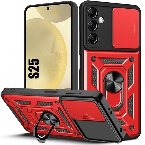 Coque Pour Samsung Galaxy S25 - Rigide Antichoc Avec Anneau Support Et Protection Objectif - Rouge - E.F.Connection