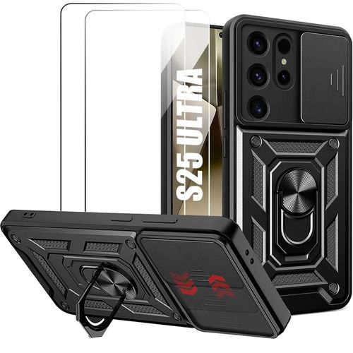 Coque + 2 Verres Trempés Pour Samsung Galaxy S25 Ultra - Antichoc Support Anneau Arrière Rigide Bordure Renforcée - Noir - E.F.Connection