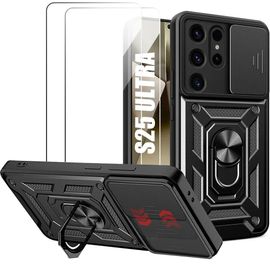 Coque + 2 Verres Trempés Pour Samsung Galaxy S25 Ultra - Antichoc Support Anneau Arrière Rigide Bordure Renforcée - Noir - E.F.Connection