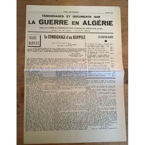 Témoignages Et Documents Sur La Guerre En Algérie Publiés Par Le Centre De Coordination Pour La Défense Des Libertés Et De La Paix Janvier 1958