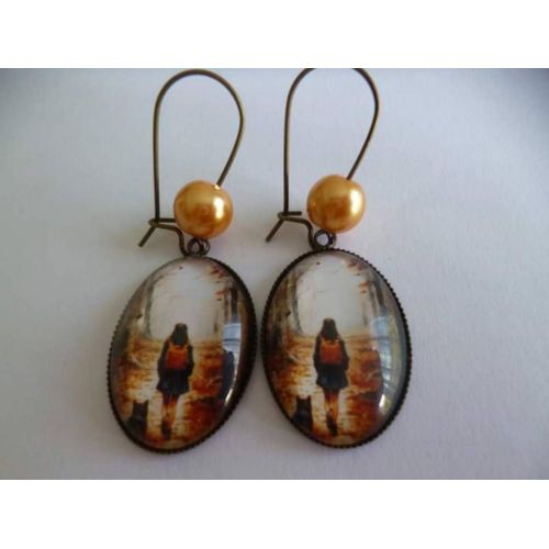 Boucles D'oreilles Bronze Crochets Perles Cabochon 2,5cm Fait Main
