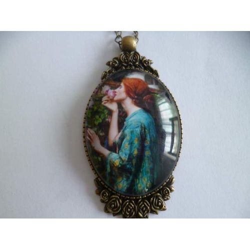 Collier Bronze Sautoir Cabochon 4cm Dame À La Rose + Pochette Cadeau