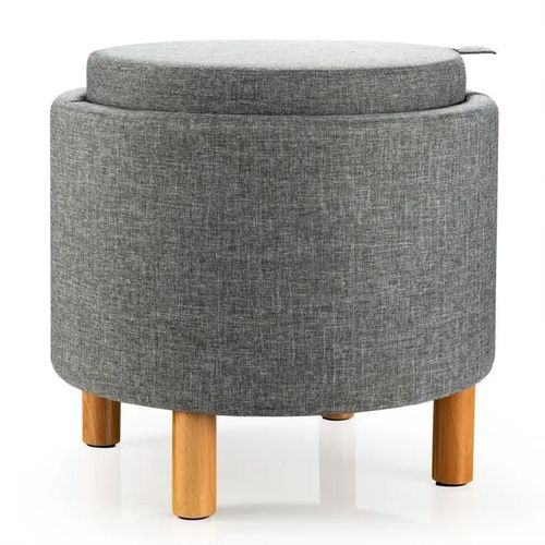 Costway Pouf Rangement Rond Avec Plateau, Tissu Pe, Pieds En Bois, Patins Antidérapants, Pour Salon, Chambre, 44×44×42 Cm, Gris