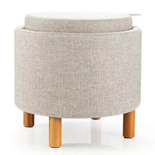 Costway Pouf Rangement Rond Avec Plateau, Tissu Pe, Pieds En Bois, Patins Antidérapants, Pour Salon, Chambre, 44×44×42 Cm, Beige