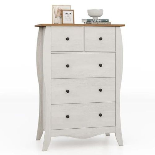 Costway Commode 5 Tiroirs En Tissu Pliable, Plateau En Bois, Meuble De Rangement Chambre Rustique Pour Chambre, Salon, Gris