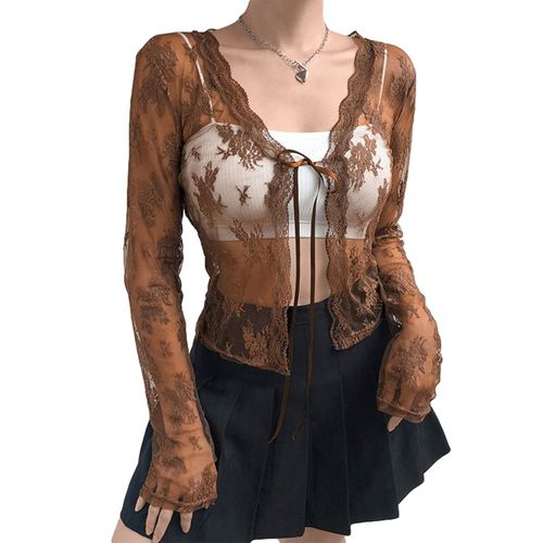 Y2k-Cardigan En Dentelle À Manches Longues Pour Femmes,Sexy,Transparent,Maille,Dentelle,Vintage,Floral,Haut Court,Y Streetwear