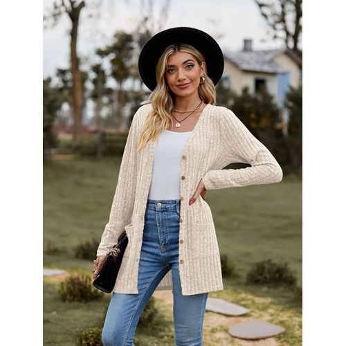 Cardigan À Manches Longues Et Col En V Pour Femmes,Veste À Rayures Moulées,Bouton De Couleur Unie,Extensions Décontractées Pour Dames,Manteau D'automne