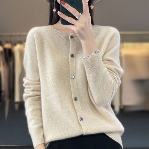 Pull En Cachemire À Manches Longues Pour Femme,Cardigan En Pure Laine Mérinos,Pull À Col Rond,Manteau Au Printemps Et En Automne,107