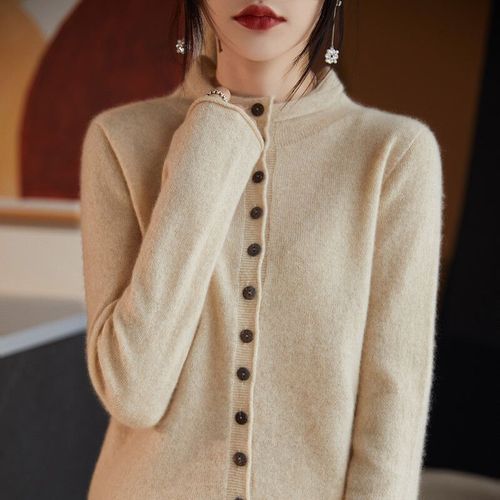 Veste En Laine Mérinos Pour Femme,Col Montant,Pull Multi-Boutons,Mode De Luxe,Haut Cardigan,Automne Et Hiver