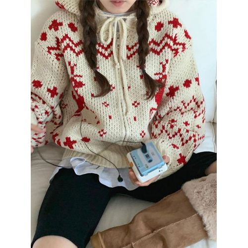 Cardigan Vintage Français Pour Femme,Pull Jacquard À Capuche,Manches Sulf,Fermeture Éclair,Vêtements Assortis,Collection Automne Hiver