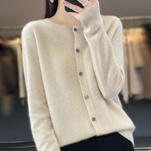 Cardigans En Laine Mérinos Pour Femmes,Pull En Cachemire,Tricots À Manches Longues,Col Rond,Vêtements De Base Féminins,Mode Automne Et Hiver
