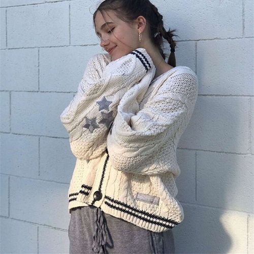 Pull À Manches Sulfbrodé D'étoiles Pour Femme,Streetwear Vintage,Décontracté,À Simple Boutonnage,Manteau,Y2k
