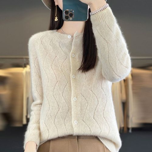 Cardigan À Col Rond En Pure Laine Pour Femme,Pull Creux Wave,Veste En Cachemire,Tricot Fin,Polyvalent