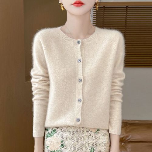 Pull En Laine Mérinos À Manches Longues Pour Femmes,Cardigan En Cachemire,Tricots À Col Rond,Vêtements De Mode Basiques,Printemps,Automne