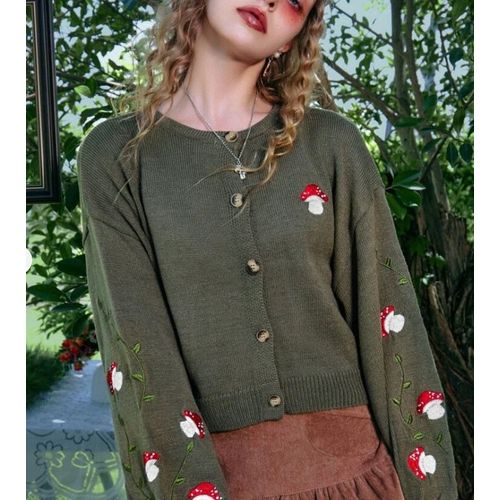 Cardigan Femme Bouton Champignon,Pull Olive Littérature,Automne,Hiver,107