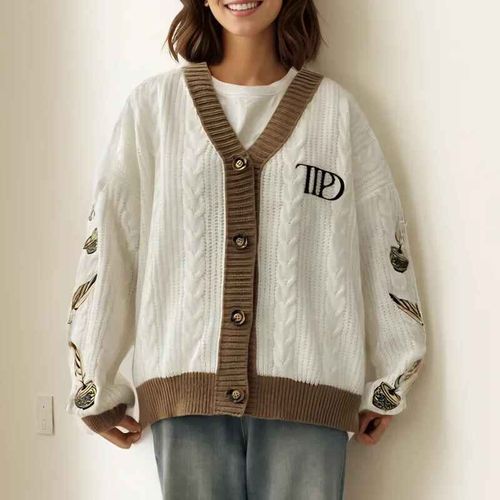 Cardigan À Fleurs Brodées Pour Femmes,Cardigan Beige,Coupe Régulière,Haute Qualité,Y2k,Tendance Automne,2024