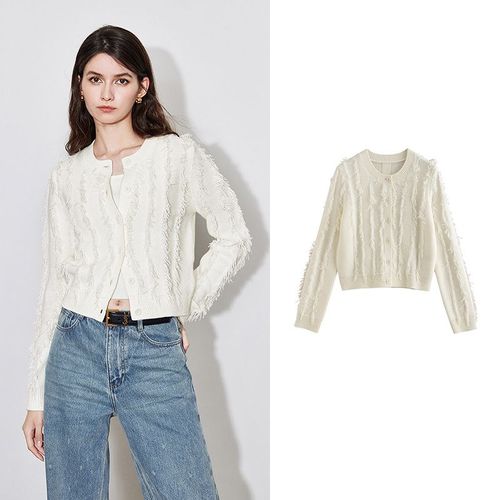 Pull À Pompon Rose Pour Femme,Col Rond,Manches Longues,Simple Boutonnage,Cardigan Boutonné,Automne,2024