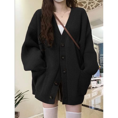 Adt-Cardigan À Manches Sulfet Col En V Pour Femme,Noir,Ample,Assressenti,Style Coréen Chic,Collection Automne Hiver