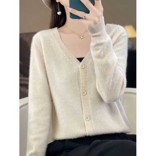 Cardigan En Laine Mérinos Pour Femme,Pull À Col En V En Cachemire,Manches Longues,Tricots Monochromes,Vêtements Doux Pour Femme,Automne,Hiver