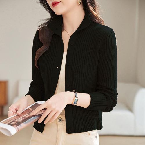 Cardigan Court Avec Col Montant Pour Femme,Pull À Manches Longues,Tricots Solides,Veste Femme,Printemps,Automne,2024